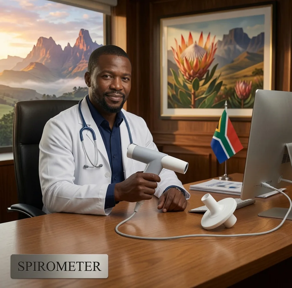 South African doctor with the spirometer connected to a PC, Drakensberg beyond